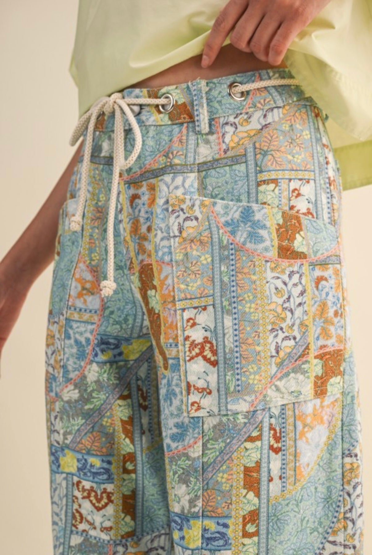 PATCHWORK PAISLEY PRINT WIDE LEG ROPE DRAWSTRING PANTS