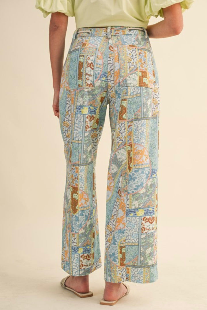 PATCHWORK PAISLEY PRINT WIDE LEG ROPE DRAWSTRING PANTS