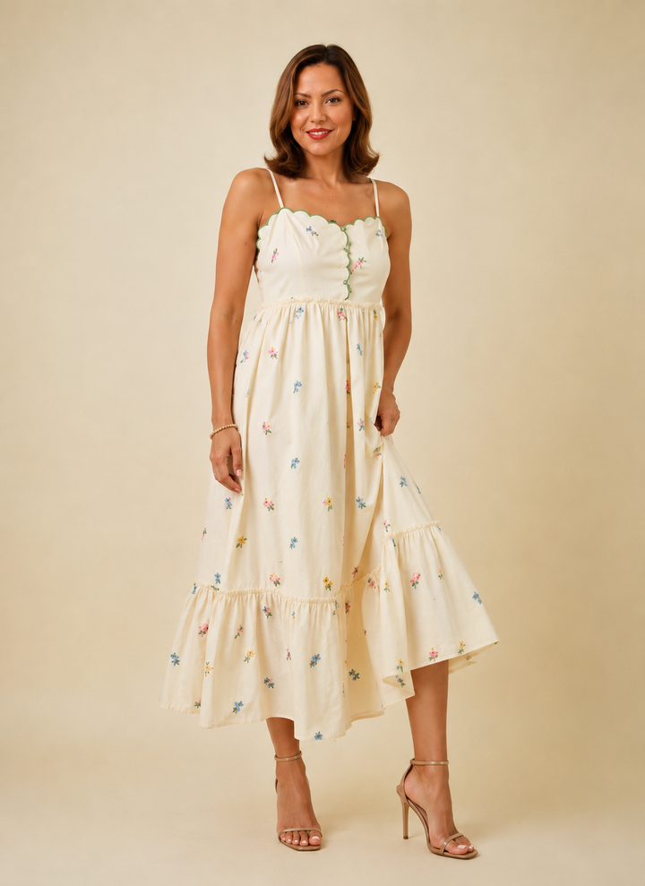 Scalloped Floral Embroidered Midi Dress