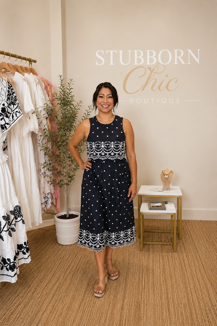Midnight Charm Embroidered Midi Dress