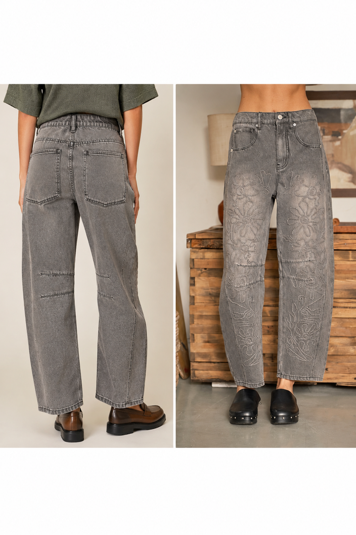 Stubborn in Bloom Denim
(EMBROIDERED DETAIL BARREL PANTS)