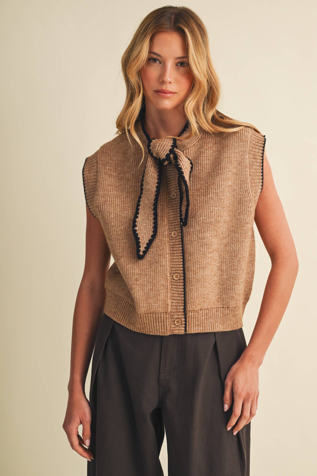 Scallop-Trim Tie-Neck Ribbed Knit Vest