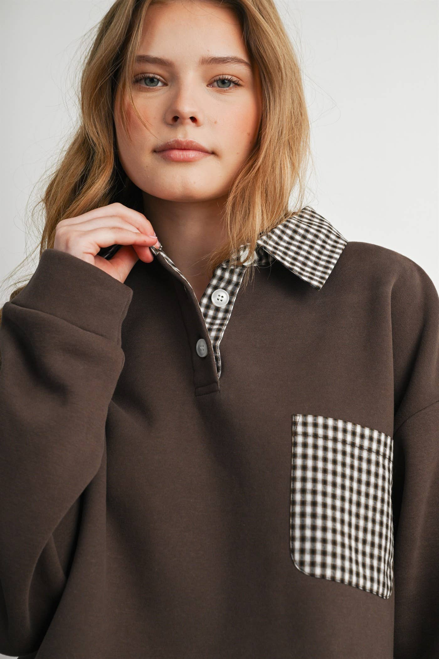 Checkered Patchwork Collared Sweatshirt- BMT8644