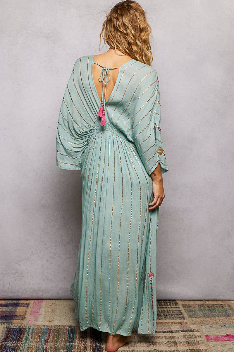Artisanal Glint Embroidered Flowy V-Neck Long Sleeve Dress