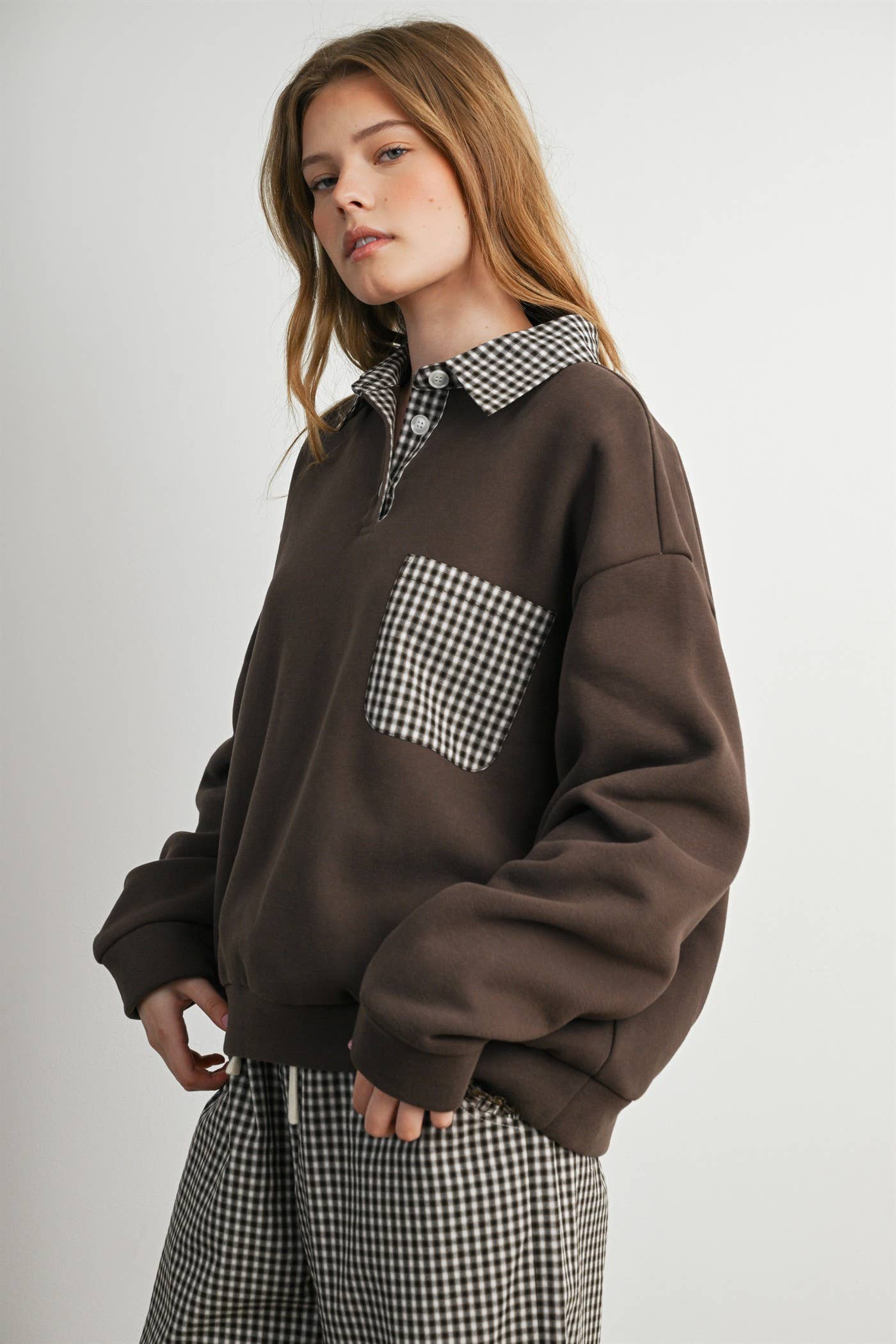 Checkered Patchwork Collared Sweatshirt- BMT8644