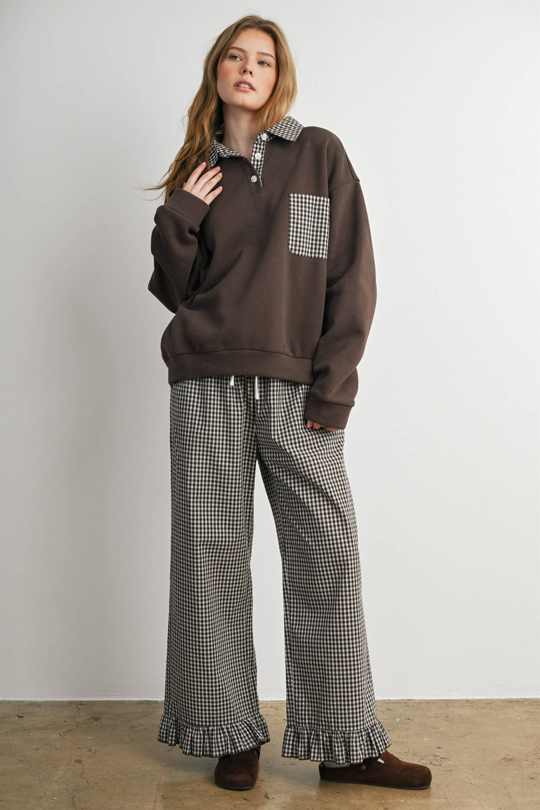 Checkered Patchwork Collared Sweatshirt- BMT8644