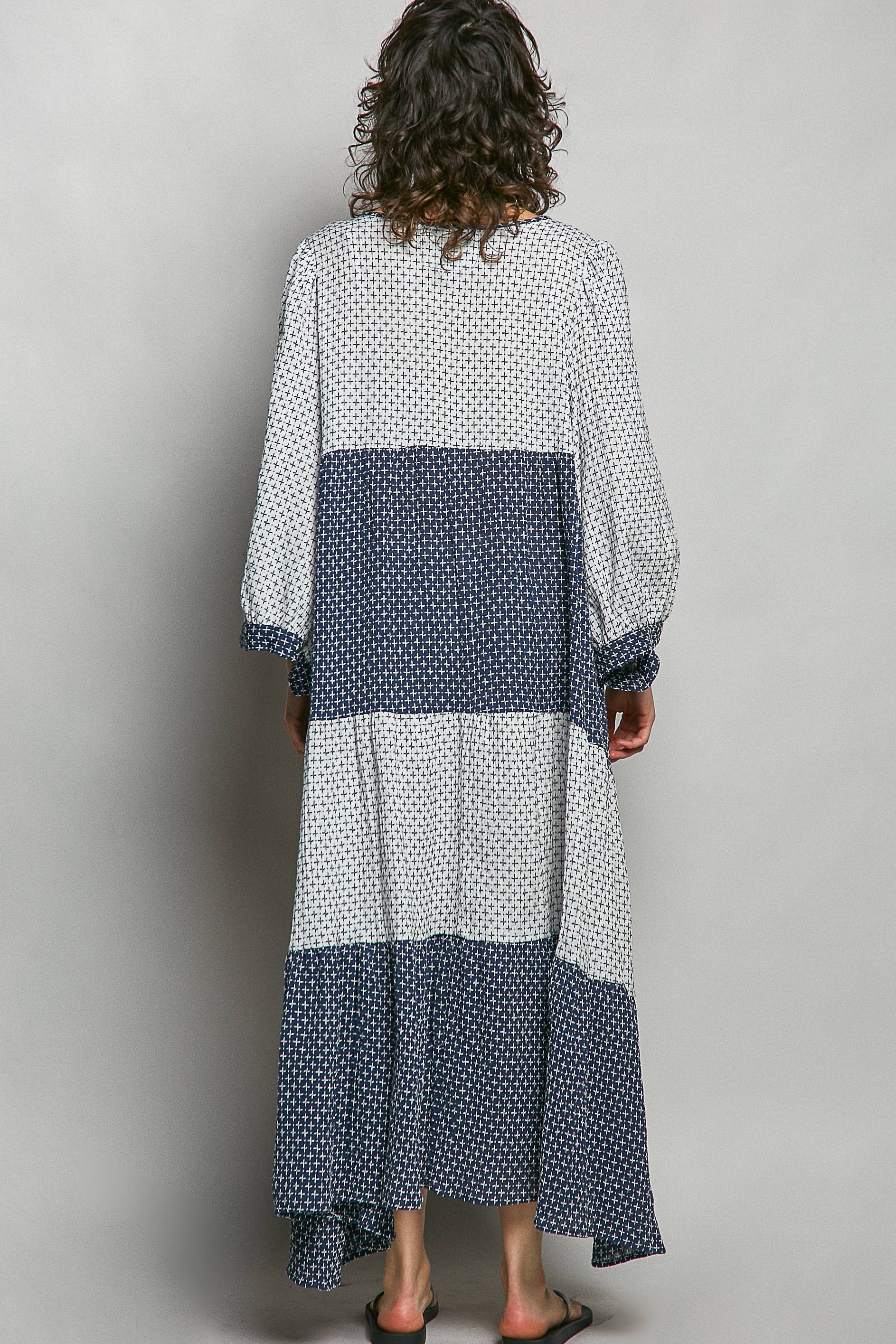 Tassel Tie V-Neck Patchwork Geo Print Maxi Dress