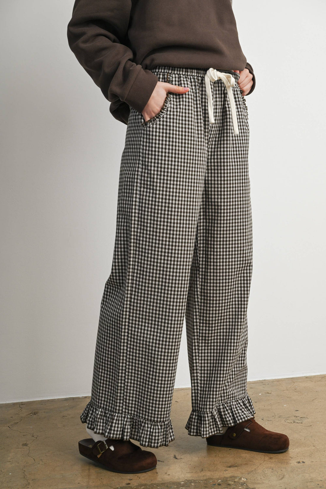 Gingham Ruffle Hem Wide Leg Pants-BMP8637