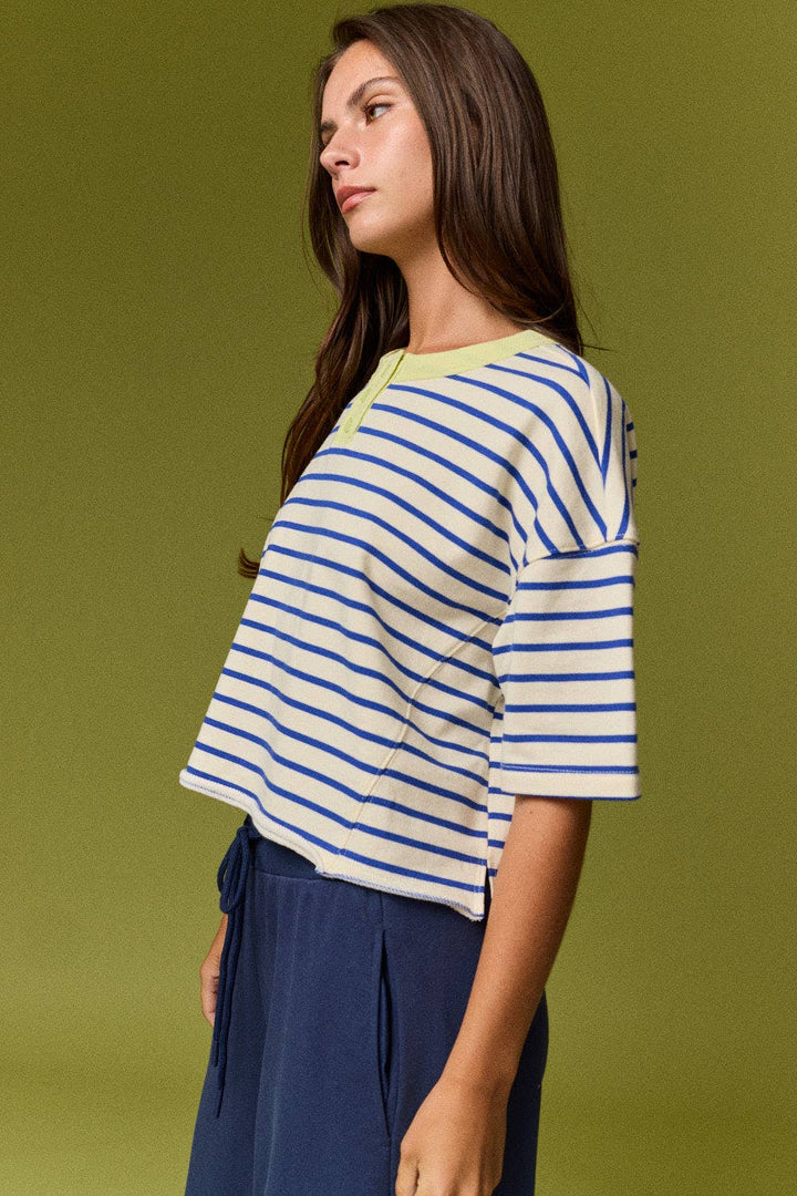 PT20081 Henley neck s/s stripe top