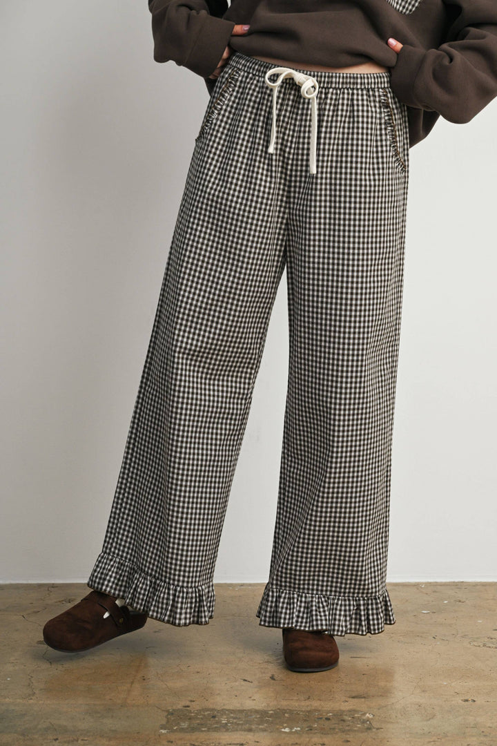 Gingham Ruffle Hem Wide Leg Pants-BMP8637