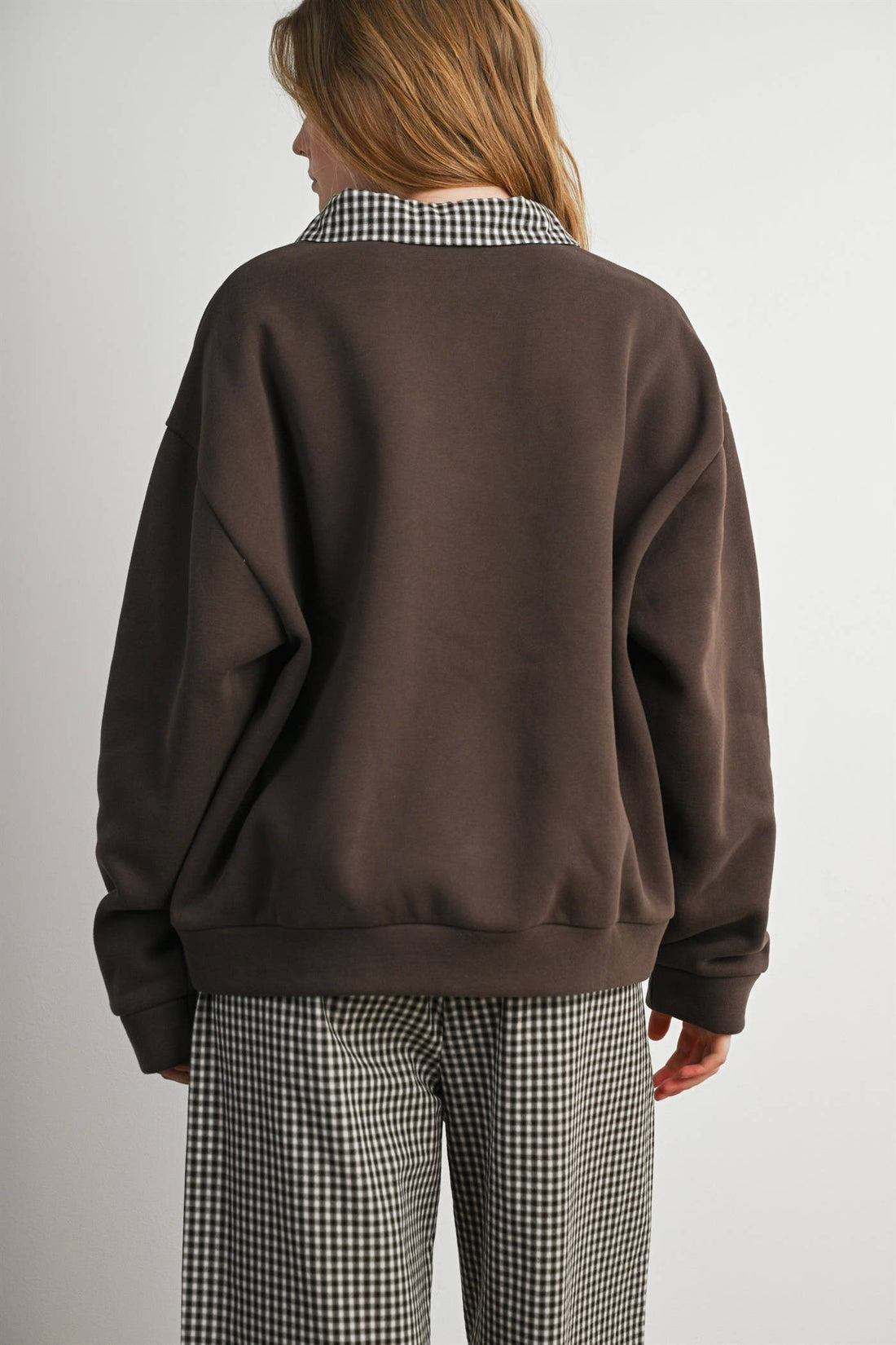 Checkered Patchwork Collared Sweatshirt- BMT8644