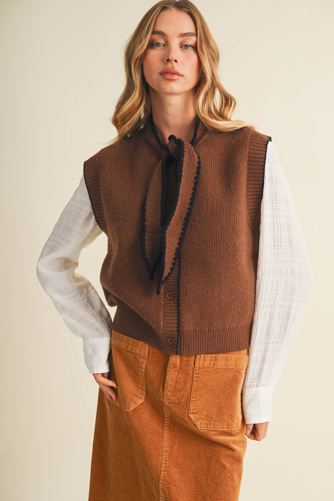 Scallop-Trim Tie-Neck Ribbed Knit Vest