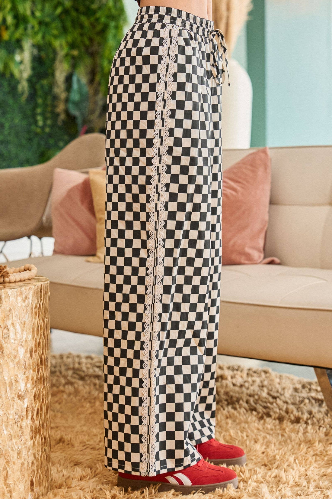 CHECKERBOARD LACE TRIM WIDE LEG PANTS