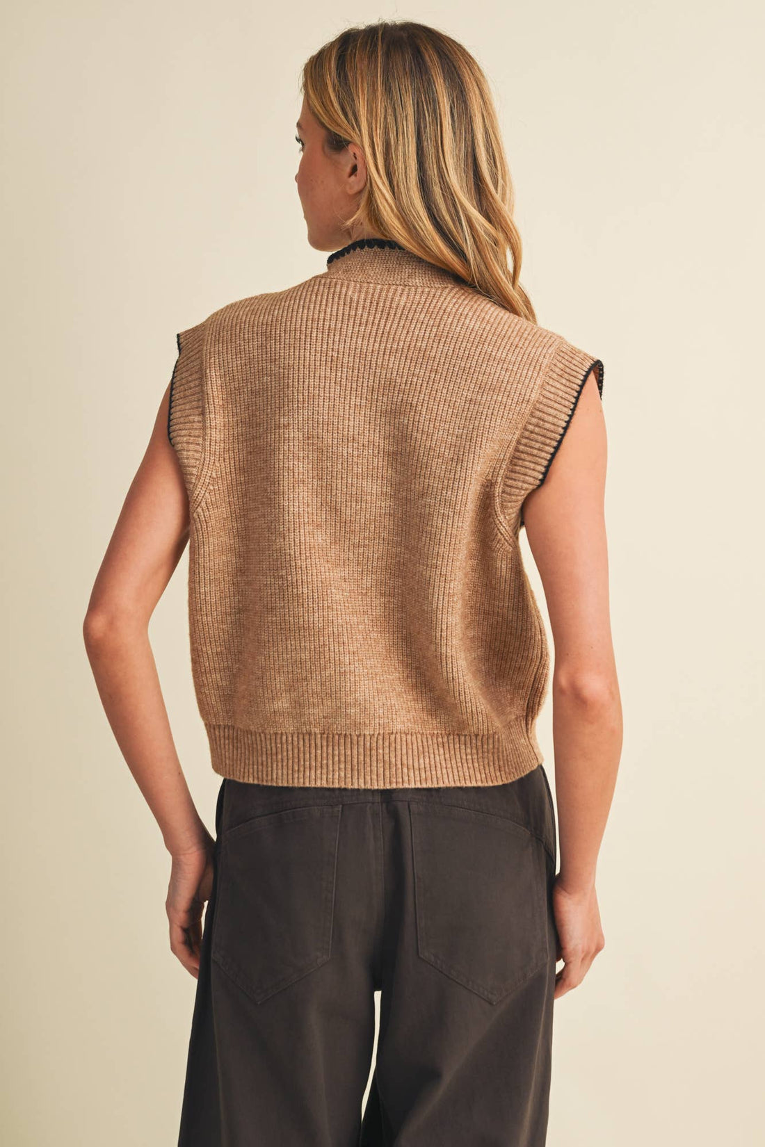 Scallop-Trim Tie-Neck Ribbed Knit Vest