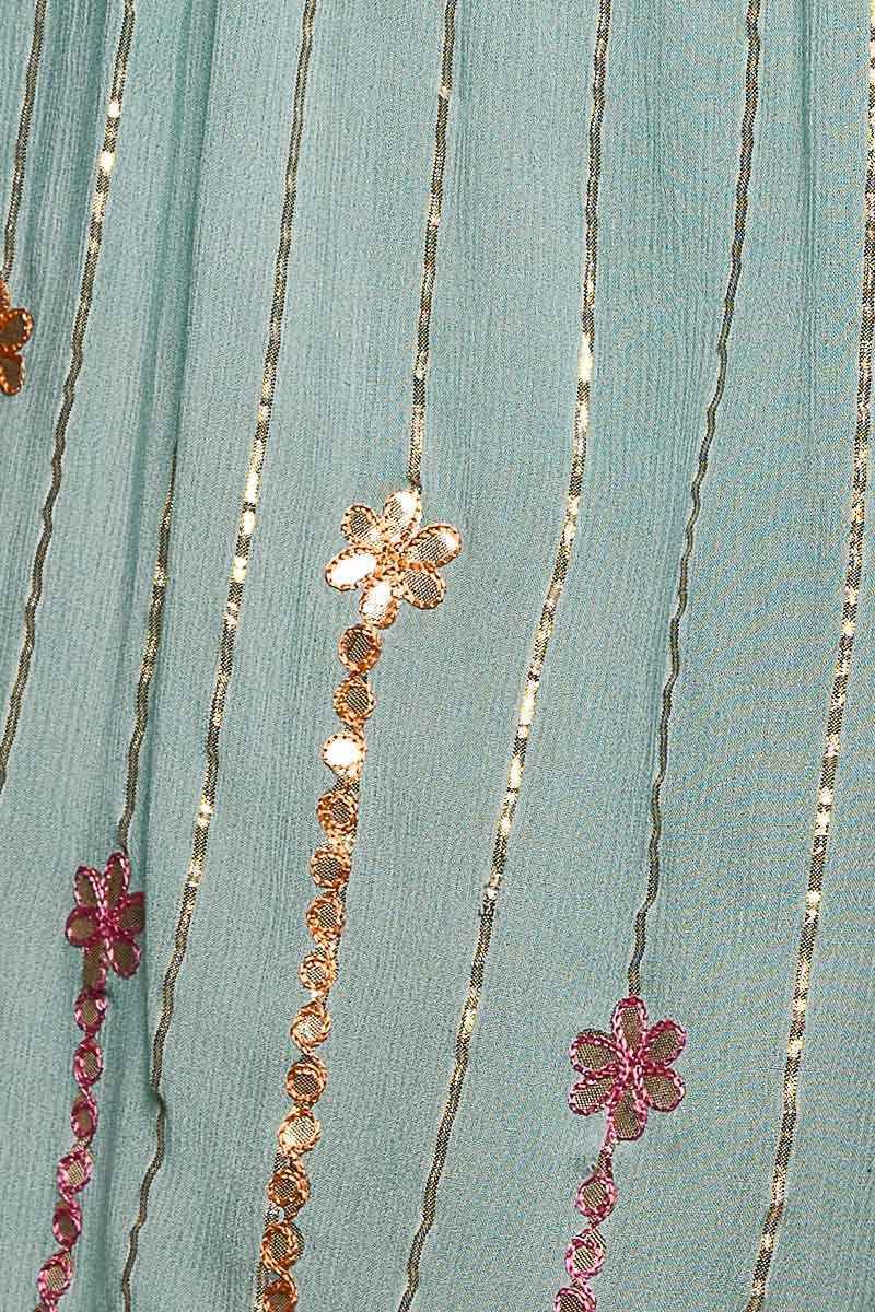 Artisanal Glint Embroidered Flowy V-Neck Long Sleeve Dress
