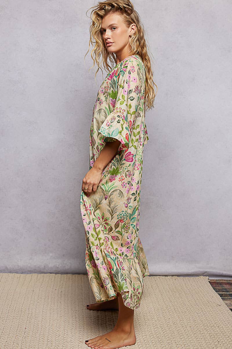 Deep V-Neck Beaded Detail Floral Ruffle Sleeves Maxi Dress