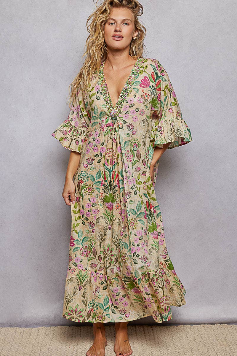 Deep V-Neck Beaded Detail Floral Ruffle Sleeves Maxi Dress