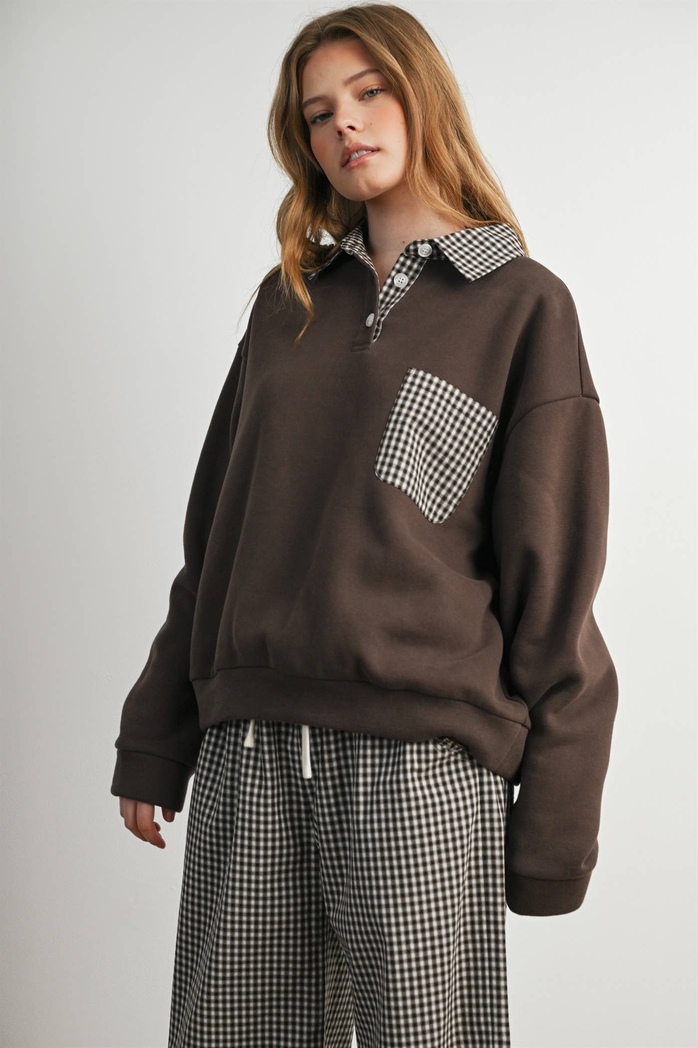 Checkered Patchwork Collared Sweatshirt- BMT8644