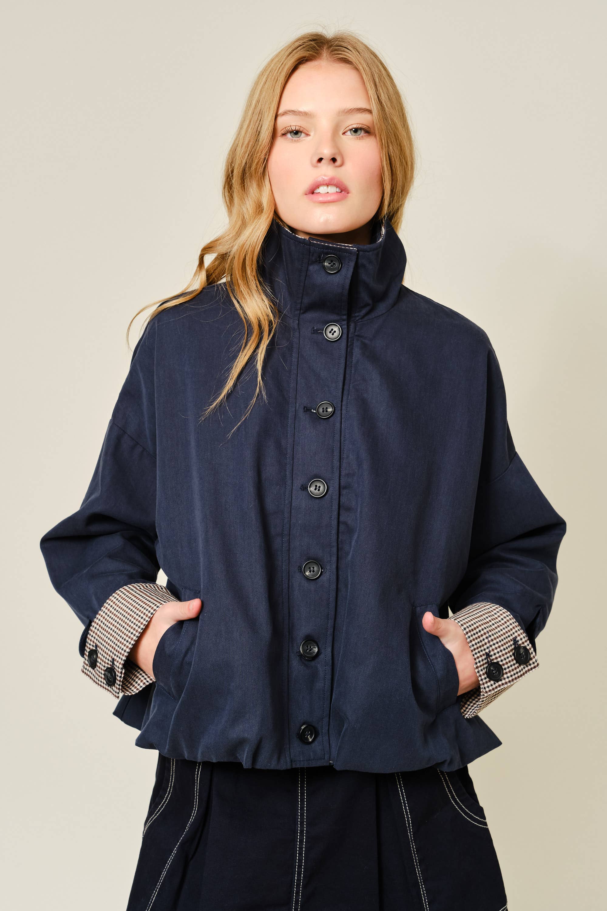 OVERSIZED BOMBER JACKET WITH PLAID DETAIL