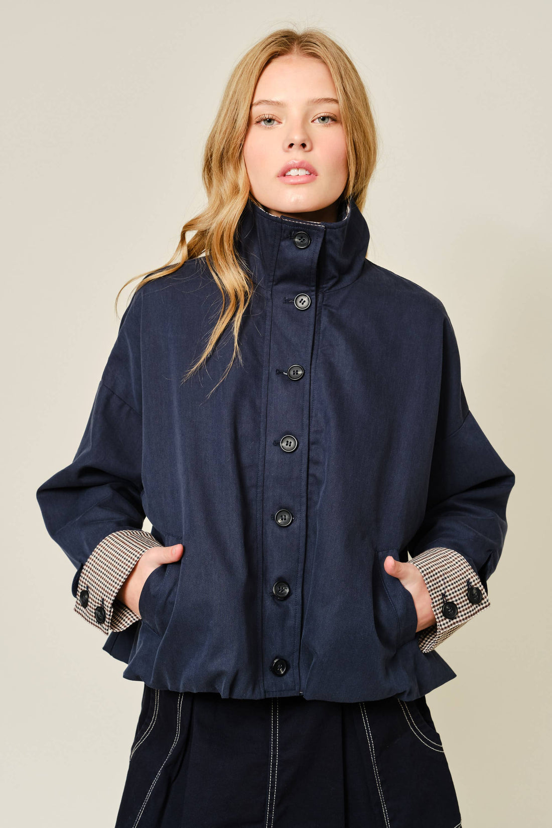 OVERSIZED BOMBER JACKET WITH PLAID DETAIL