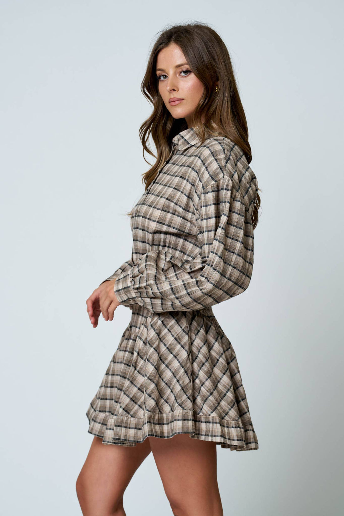 PLAID COLLARED LONG SLEEVE BASQUE WAIST MINI DRESS