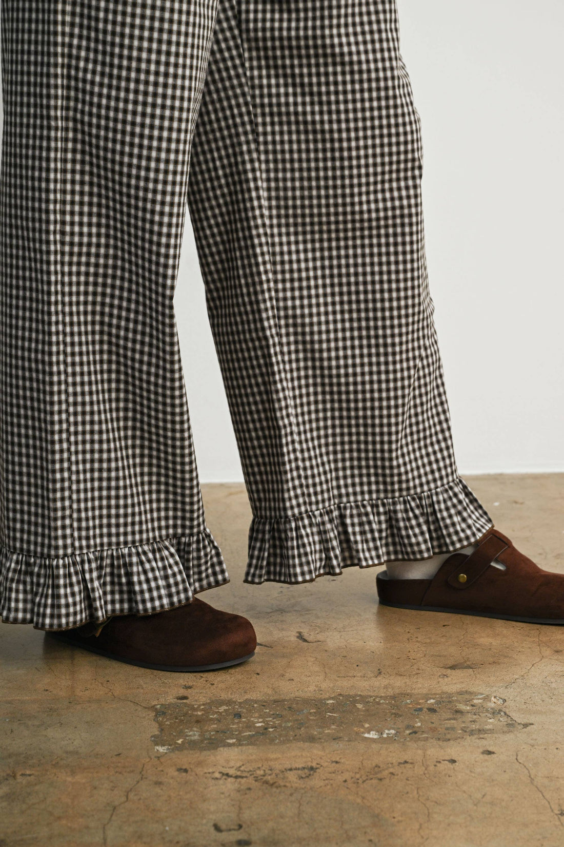 Gingham Ruffle Hem Wide Leg Pants-BMP8637