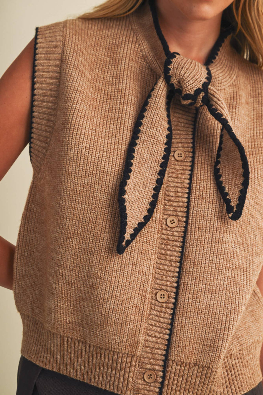 Scallop-Trim Tie-Neck Ribbed Knit Vest