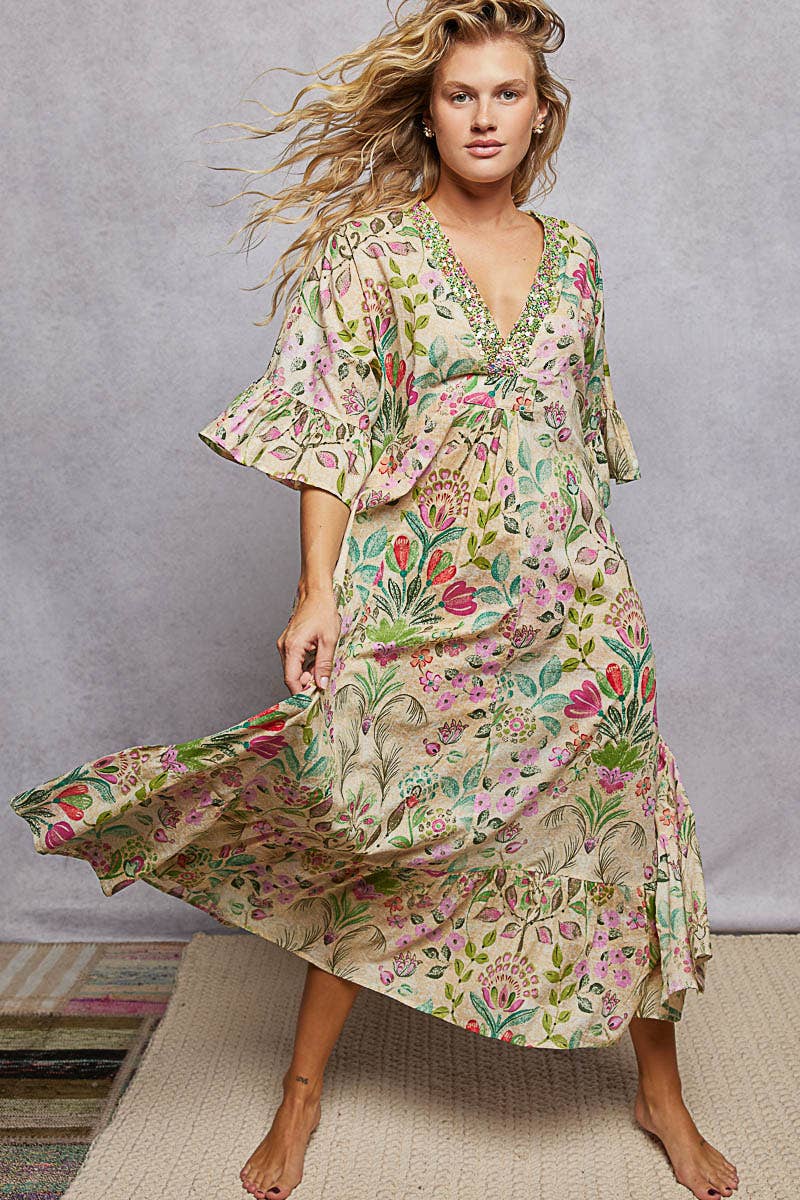 Deep V-Neck Beaded Detail Floral Ruffle Sleeves Maxi Dress