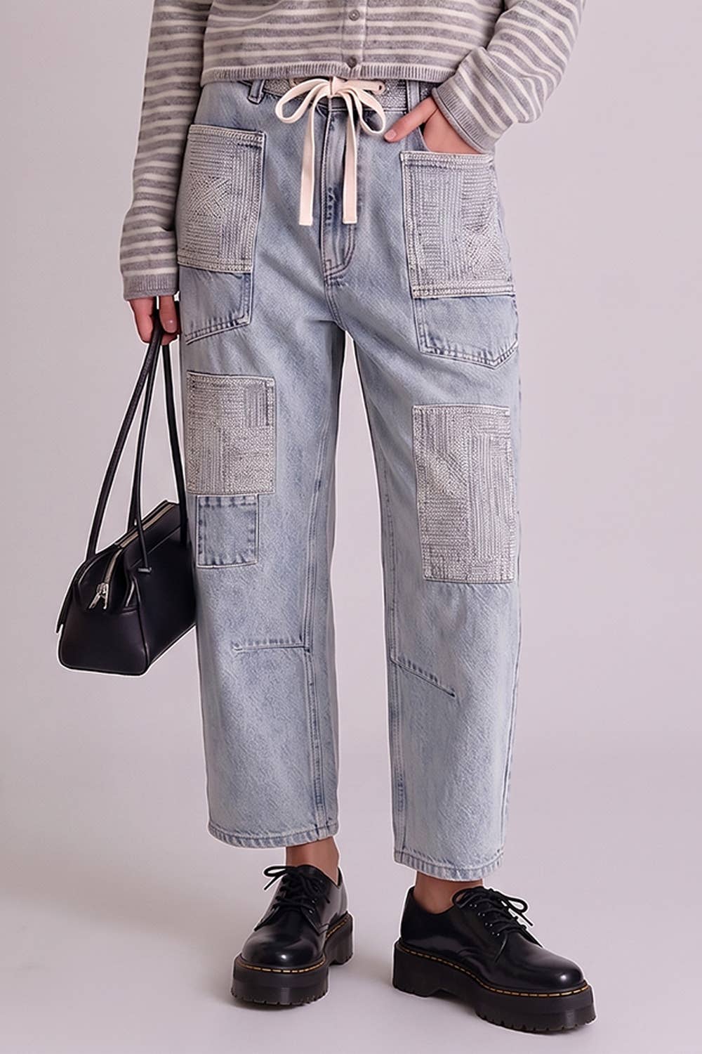 VJP90097-VERY JEAN Patch Detail Washed Denim Barrel Jeans