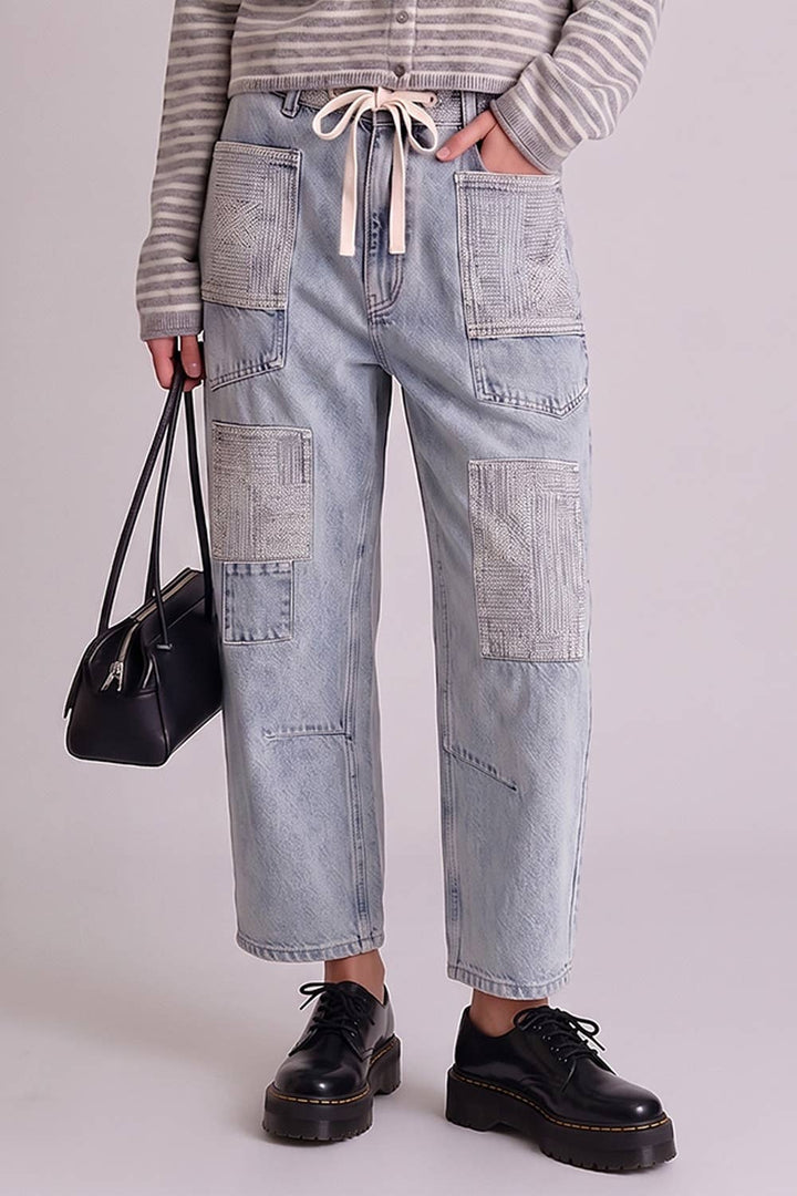 VJP90097-VERY JEAN Patch Detail Washed Denim Barrel Jeans