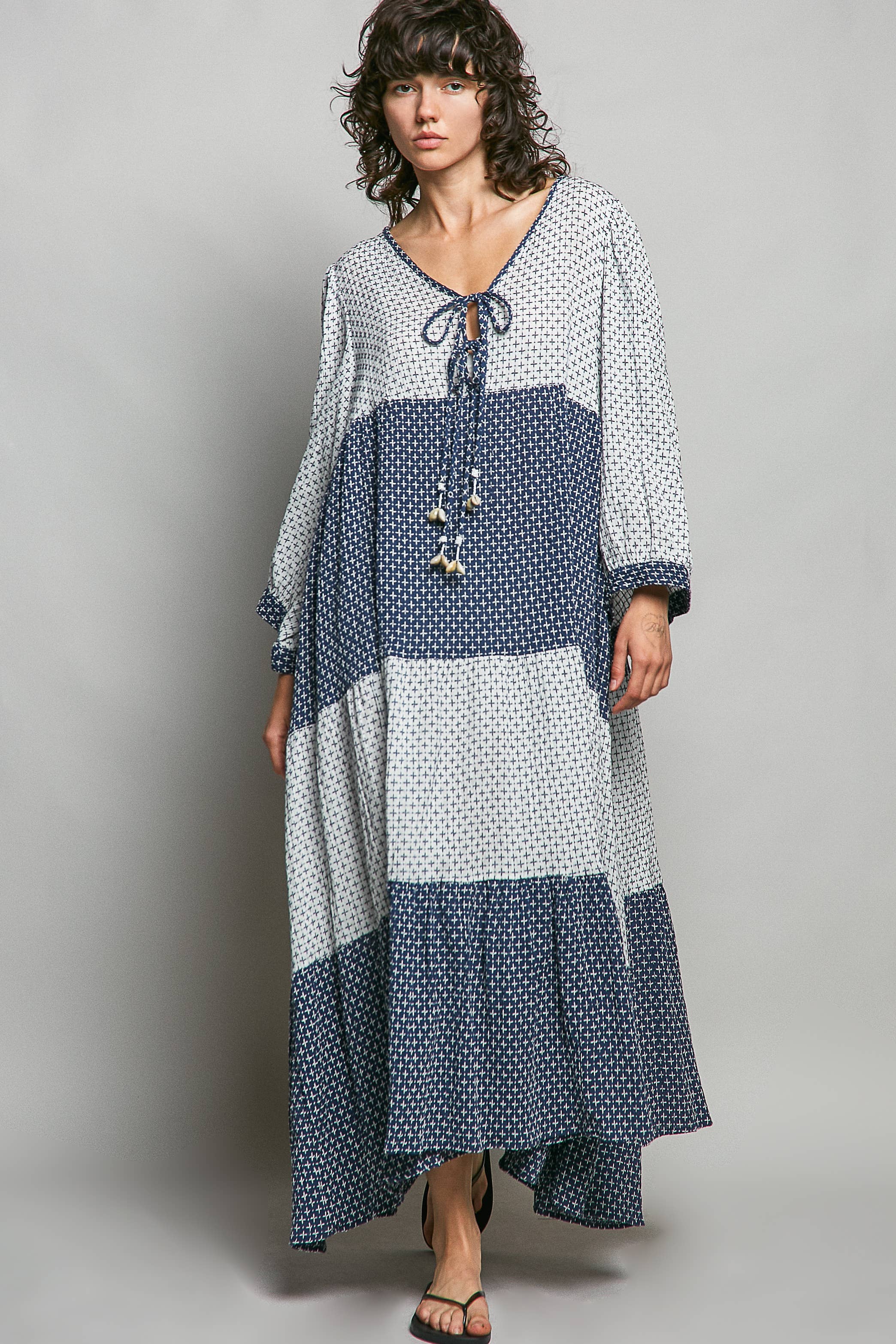 Tassel Tie V-Neck Patchwork Geo Print Maxi Dress