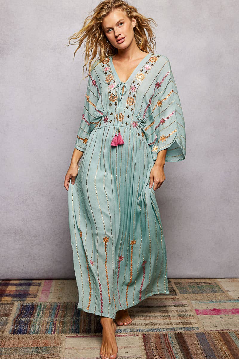 Artisanal Glint Embroidered Flowy V-Neck Long Sleeve Dress