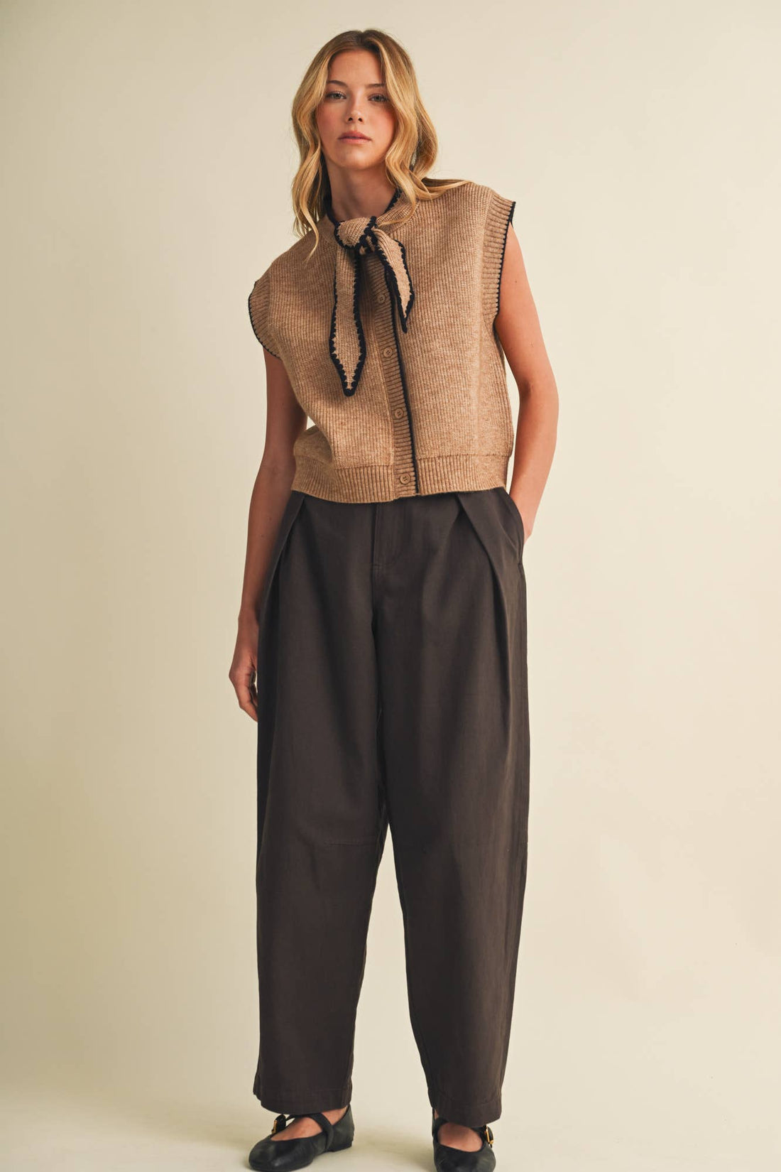 Scallop-Trim Tie-Neck Ribbed Knit Vest